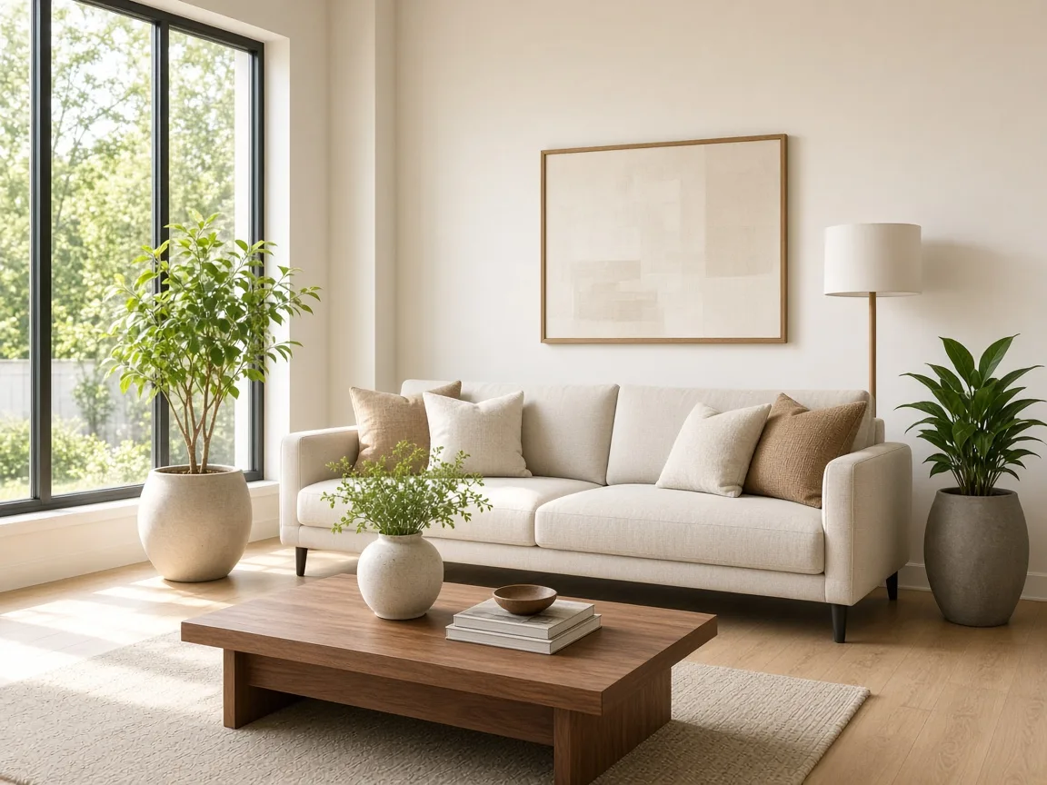Bright modern American living room with a sofa and indoor plants