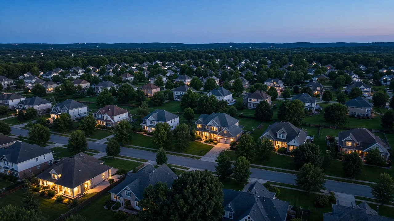 Aerial view of an American suburban neighborhood at dusk